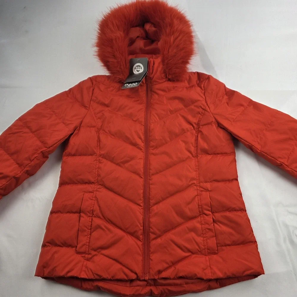 Lands' End Jacket Kids 10-12 Orange Down Puffer Hood Faux Fur Trim 600 Fill